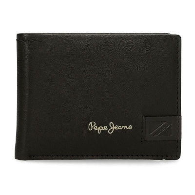 Carteira preta de couro com logo Pepe Jeans em prateado, vista frontal