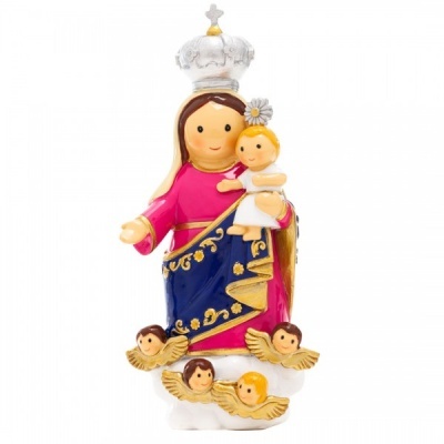 Figura decorativa de Nossa Senhora com criança e anjinhos em cerâmica colorida