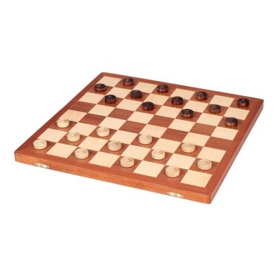 Tabuleiro de jogo de damas em madeira com peças claras e escuras