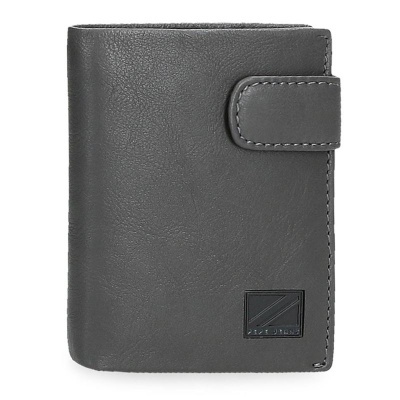 Carteira masculina cinzenta em pele com fecho de aba e logotipo