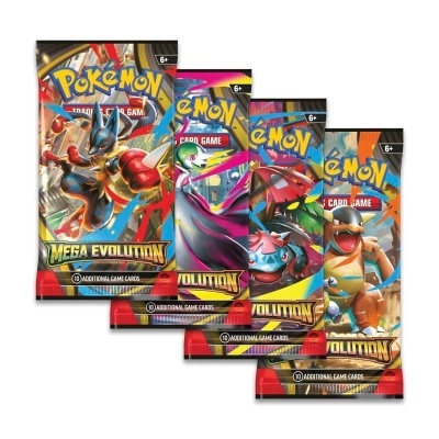Pacotes de cartas de jogo Pokémon Mega Evolution com personagens coloridos em embalagens brilhantes.