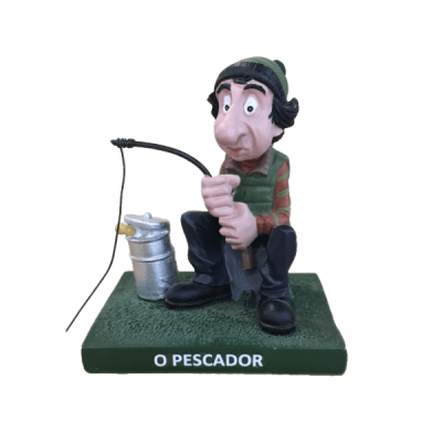 Figura decorativa de pescador sentado com cana de pesca e balde