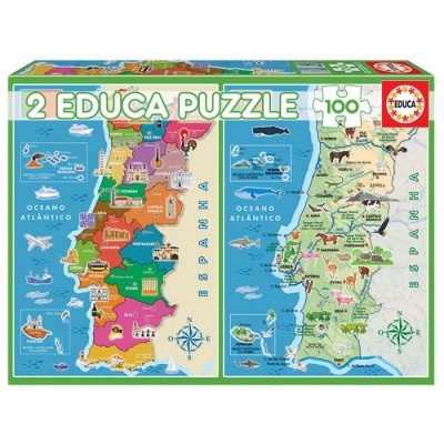 Embalagem de dois puzzles educativos com mapas de Portugal e Espanha e 100 peças cada.