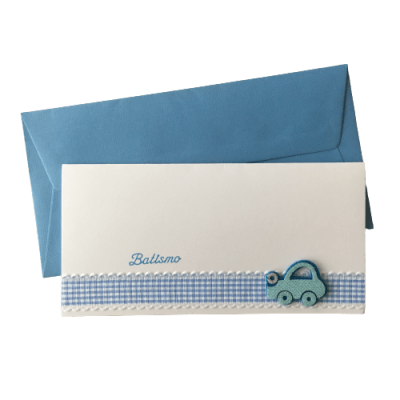 Convite para batismo branco com decoração azul e envelope azul