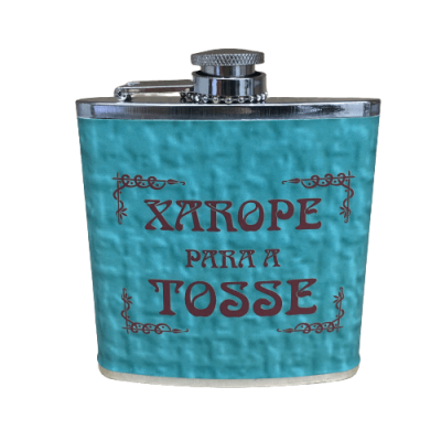 Frasco metalizado azul com inscrição vermelho XAROPE PARA A TOSSE