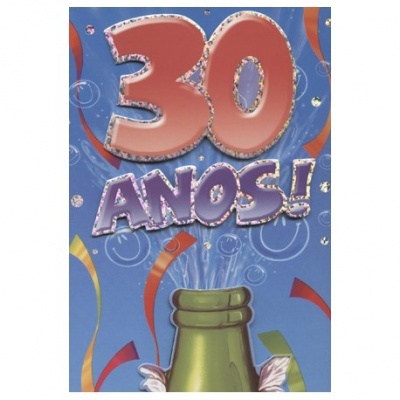 Cartão azul com '30 ANOS!' em balões e garrafa de champanhe verde