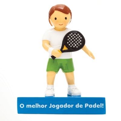 Estatueta de jogador de padel com base azul e texto em português