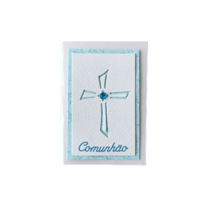 Cartão branco com cruz azul e palavra Comunhão