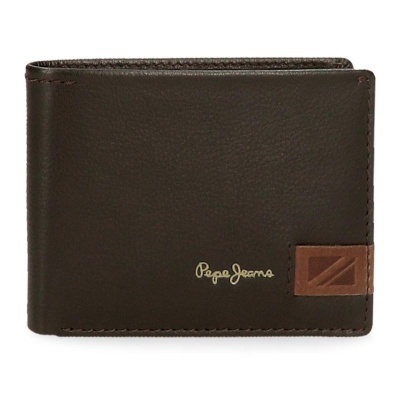 Carteira de pele castanha escura com detalhe castanho e logo Pepe Jeans