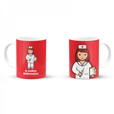 Caneca vermelha com ilustração de enfermeira e texto A melhor Enfermeira!