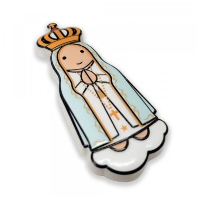 Figura decorativa estilizada de Nossa Senhora com coroa e manto azul