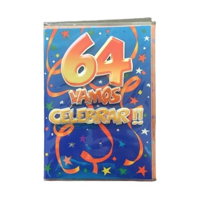 Cartão de felicitações azul com texto 64 VAMOS CELEBRAR !! e estrelas e serpentinas coloridas