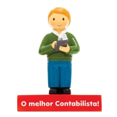 Figura de contabilista em plástico com base vermelha e texto