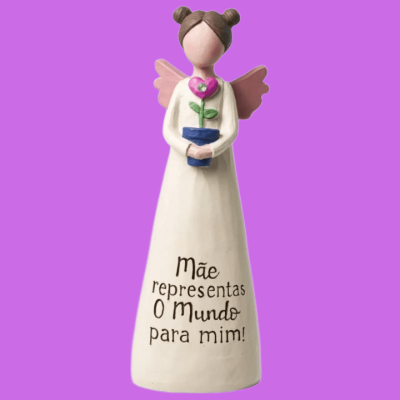 Estatueta de fada em cerâmica segurando vaso com flor, com texto para mãe