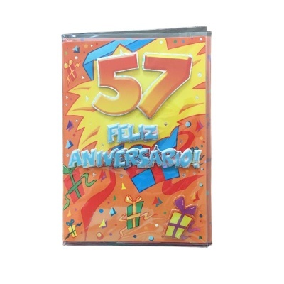 Cartão de aniversário colorido com 57 e texto FELIZ ANIVERSÁRIO