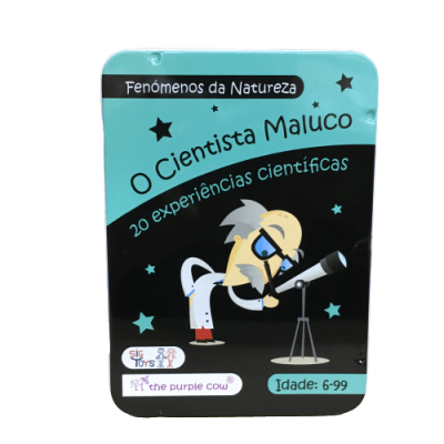 Caixa da experiência científica O Cientista Maluco com ilustração e texto em português