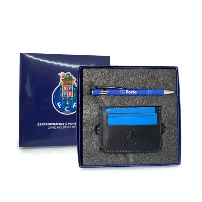 Conjunto de caneta e porta-cartões FC Porto numa caixa azul