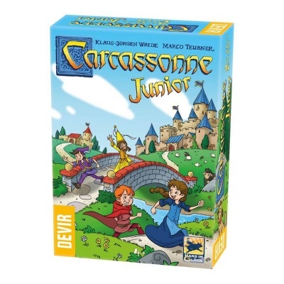 Caixa colorida do jogo de tabuleiro Carcassonne Junior com ilustrações de crianças e castelo