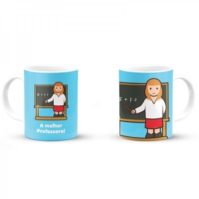 Caneca branca com ilustração de professora e texto A melhor Professora