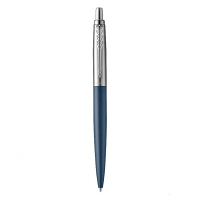 Caneta esferográfica azul escura com parte superior prateada e clip com seta
