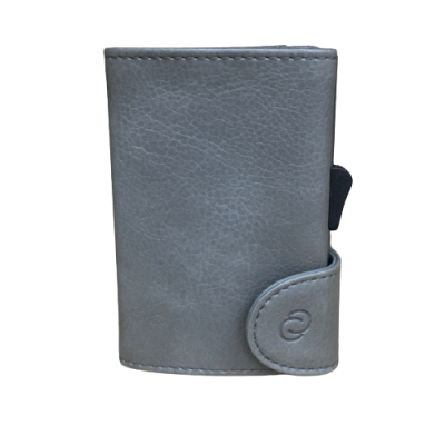 Carteira cinzenta de couro com aba de fecho e símbolo em relevo