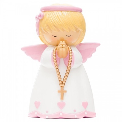 Figurina de anjo a orar com terço em cerâmica branco e rosa