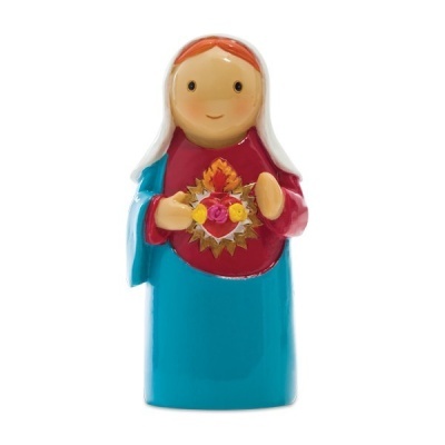 Estatueta cerâmica colorida figura humana vestida de vermelho e azul