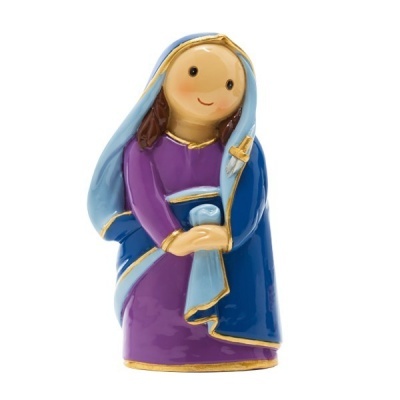 Figura decorativa de cerâmica mulher com vestido roxo e manto azul