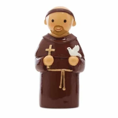 Figura decorativa de santo em cerâmica com crucifixo e pomba branca