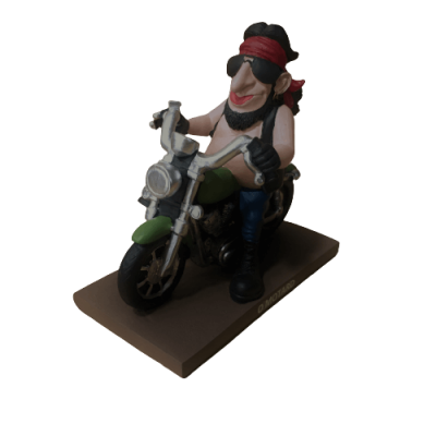 Figura decorativa de motociclista na mota sobre base retangular
