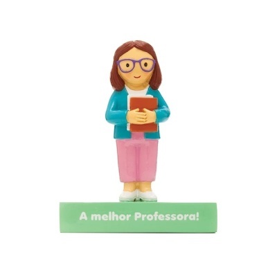Figura decorativa de professora com livros e base verde