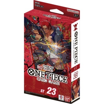 Pacote de cartas One Piece Card Game ST23 Red Shanks com fundo vermelho e personagem animado
