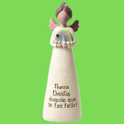 Figura decorativa de anjo cerâmica com arco-íris e texto motivacional