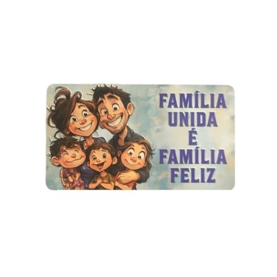 Placa decorativa com ilustração de família e texto em azul.