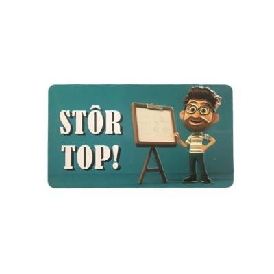 Etiqueta azul com personagem animado e texto STÔR TOP!