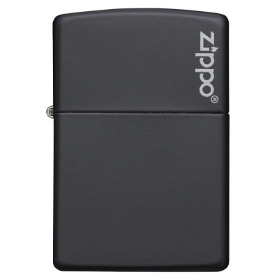 Isqueiro preto mate com texto Zippo branco no canto superior direito