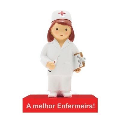 Figura decorativa de enfermeira com base vermelha e texto