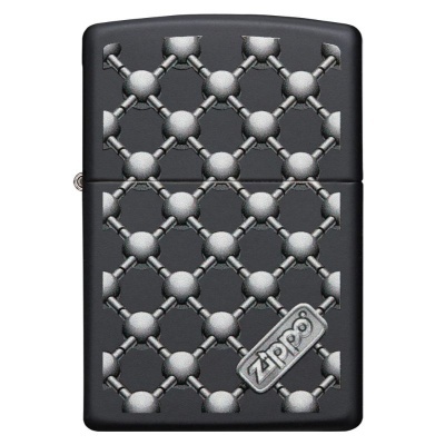 Isqueiro Zippo preto com padrão em relevo cinza metálico e logótipo Zippo