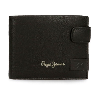 Carteira masculina preta de pele com logo Pepe Jeans