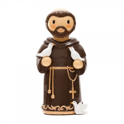 Estátua cerâmica de santo com hábito castanho e pombas brancas