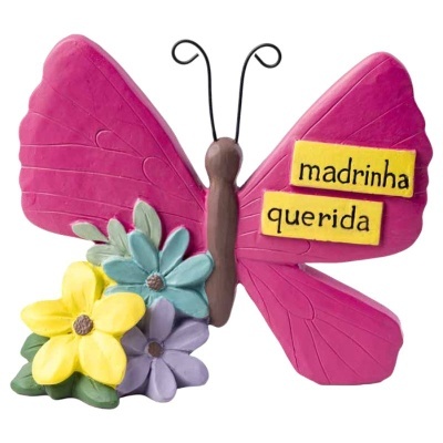 Estatueta de borboleta cor de rosa com flores coloridas e texto 