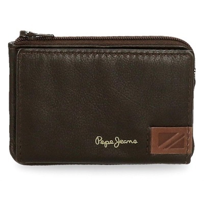 Carteira pequena de couro castanho escuro com fecho de correr e logo Pepe Jeans