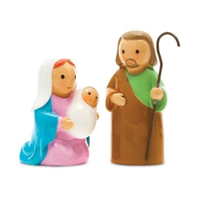 Figuras natalinas de Maria, Menino Jesus e José em cerâmica ou plástico colorido