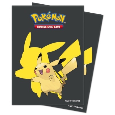 Capas protetoras para cartas Pokémon com imagem de Pikachu e texto do jogo