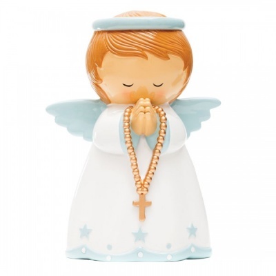 Estatueta de anjo em cerâmica com vestido branco e auréola azul