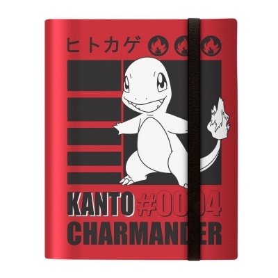 Caderno vermelho com desenho de Charmander e texto KANTO #004 CHARMANDER