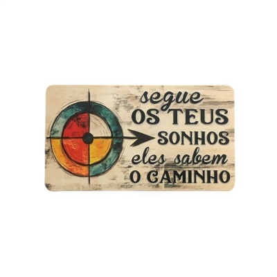 Placa decorativa de madeira com símbolo circular colorido e texto motivacional em português.