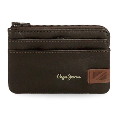 Carteira castanha escura pequena com fecho e texto Pepe Jeans