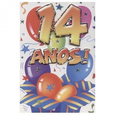 Cartão comemorativo com balões coloridos e texto '14 ANOS!'