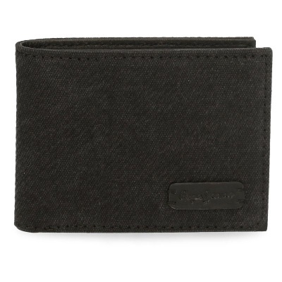 Carteira masculina preta em tecido com emblema retangular